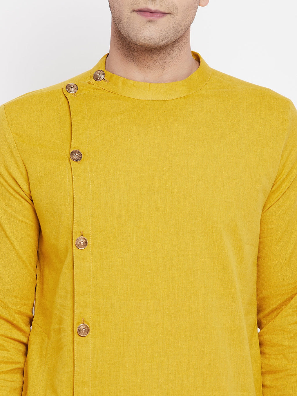 Even Apparels Yellow Pure Cotton Kurta With Band Collar | Grocsy