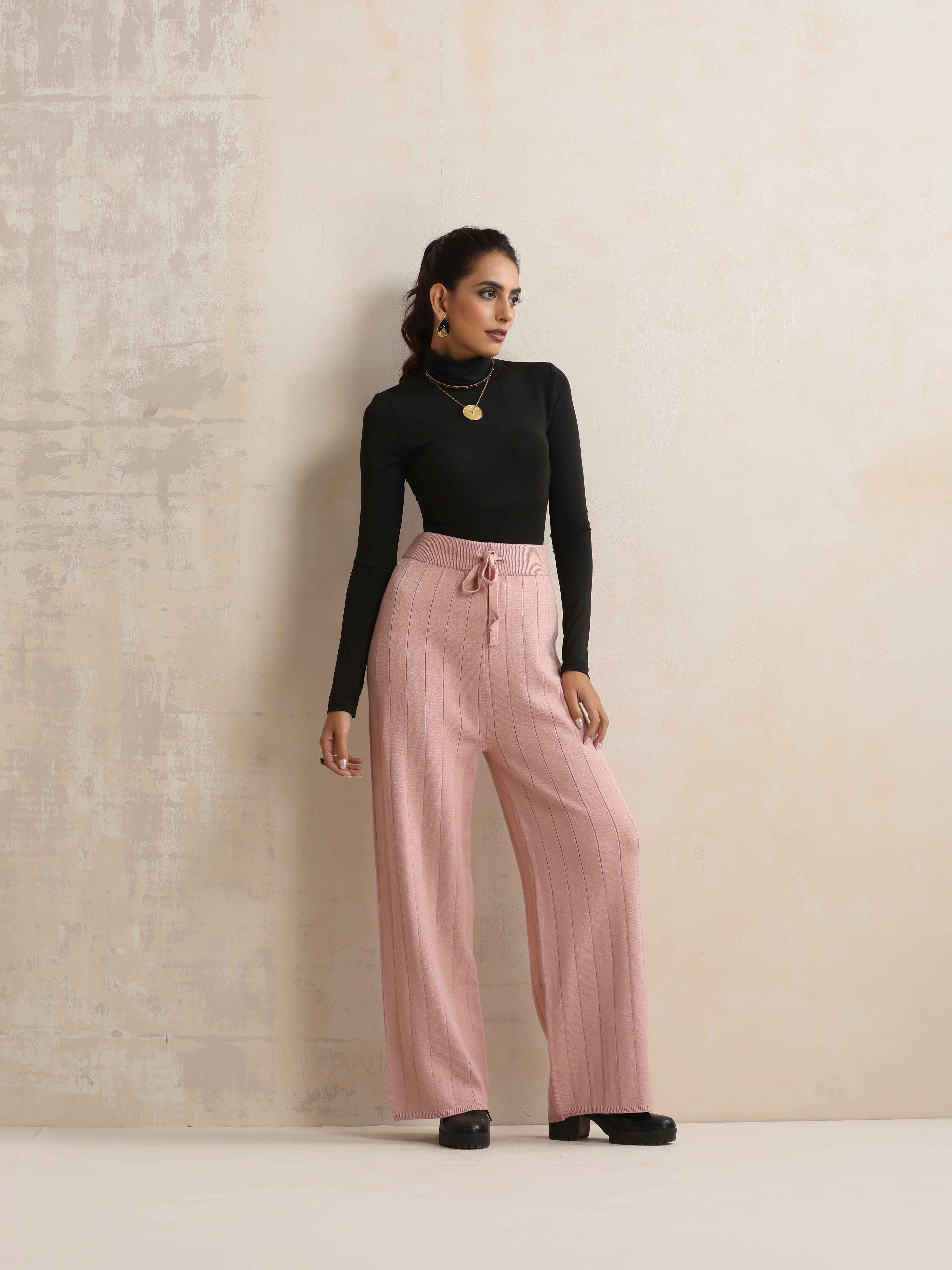 trueBrowns Pink Woollen Flared Pants | Grocsy