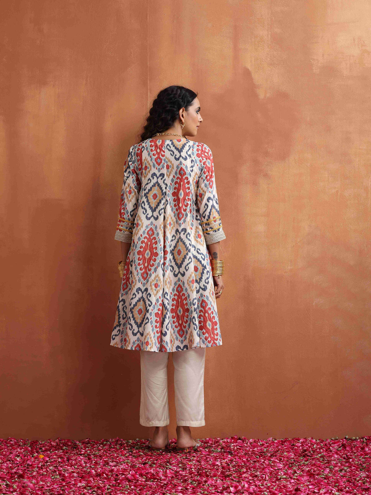 trueBrowns Off White Ikat Print Anarkali Kurta Co-ord Set | Grocsy