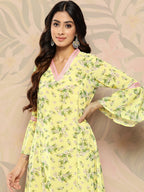 Ahalyaa Floral Printed Bell Sleeves Gotta Patti Georgette Kurta | Grocsy