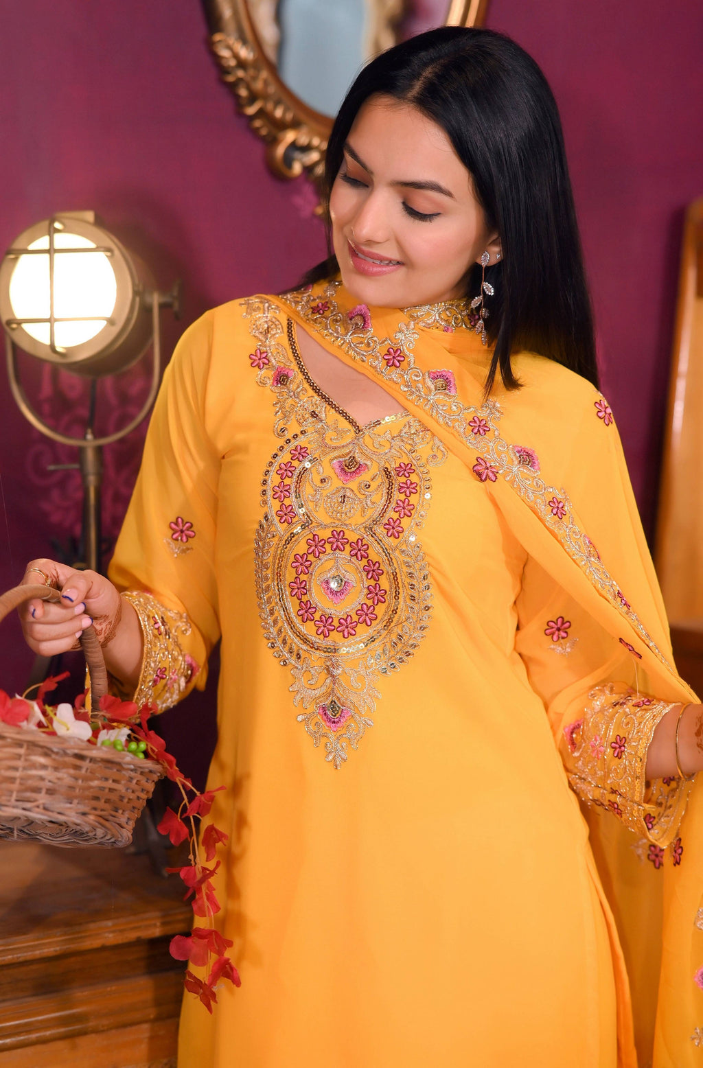 Teeya Creation Yellow Color Faux Georgette Silk Heavy Embroidery Work Fully Stitched Salwar Suit | Grocsy