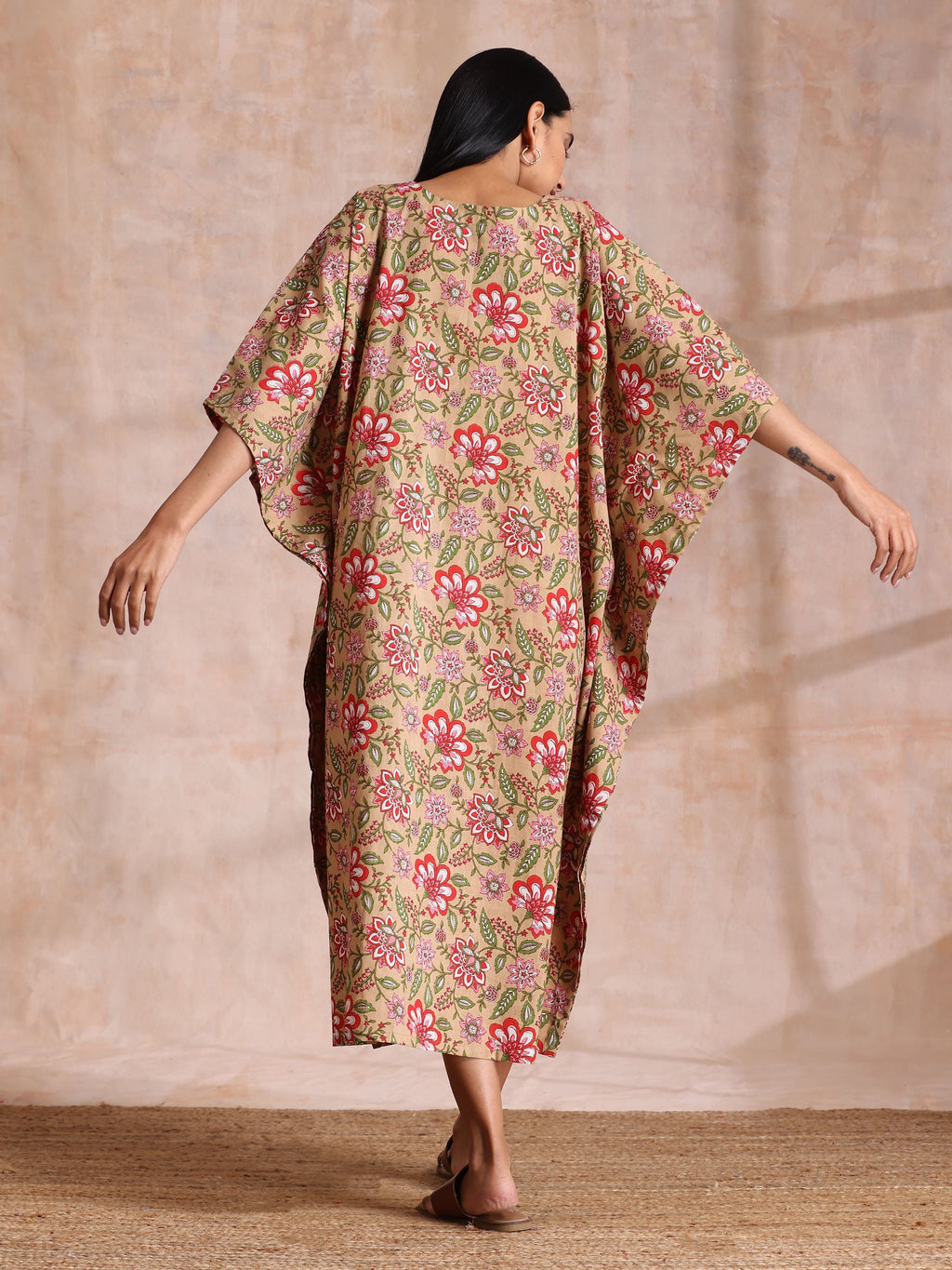 trueBrowns Beige Overall Big Floral Block Print Cotton Kaftan Dress | Grocsy