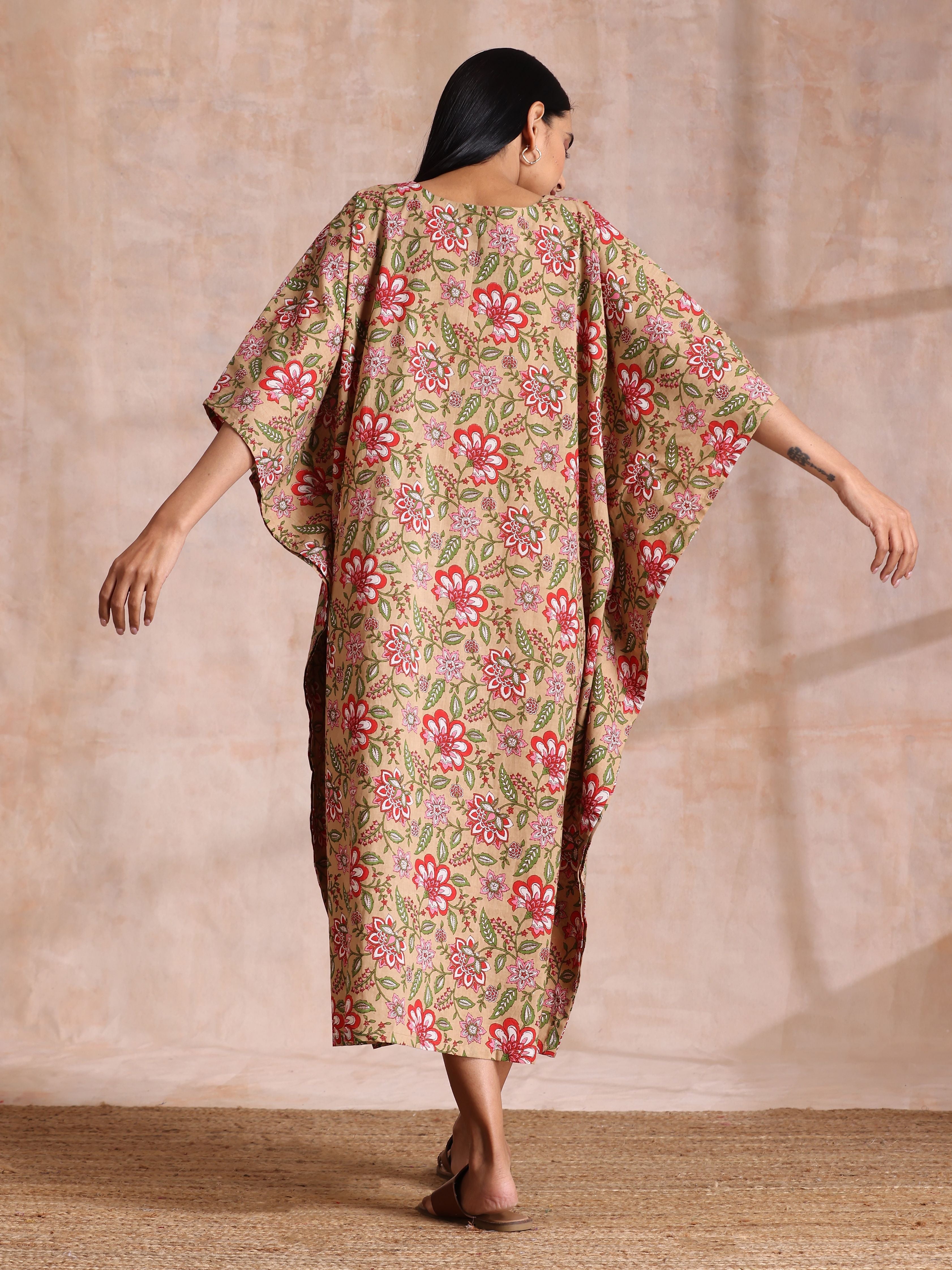 trueBrowns Beige Overall Big Floral Block Print Cotton Kaftan Dress | Grocsy