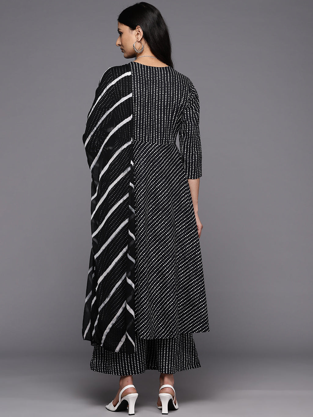 KSUT (House of Varanga) Black And White Cotton Printed Anarkali Kurta Paired With Palazzo And Chiffon Dupatta | Grocsy