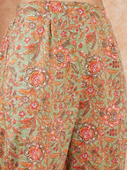 InWeave Women's Pear Green Orange Floral Print Flared Kurta Pant Set | Grocsy