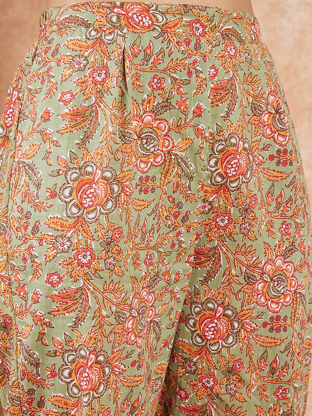 InWeave Women's Pear Green Orange Floral Print Flared Kurta Pant Set | Grocsy
