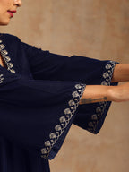trueBrowns Midnight Blue Velvet Embroidered Kurta | Grocsy