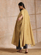 trueBrowns Mustard Dabu Zig-Zag Lines Print Cotton Panel Kaftan Kurta Pant Set | Grocsy