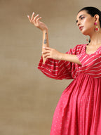 trueBrowns Pink Bandhani Printed Silk Drop Shoulder Dress | Grocsy