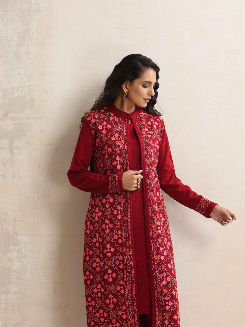 trueBrowns Maroon Kashmiri Woollen Jacket 3pc Set | Grocsy