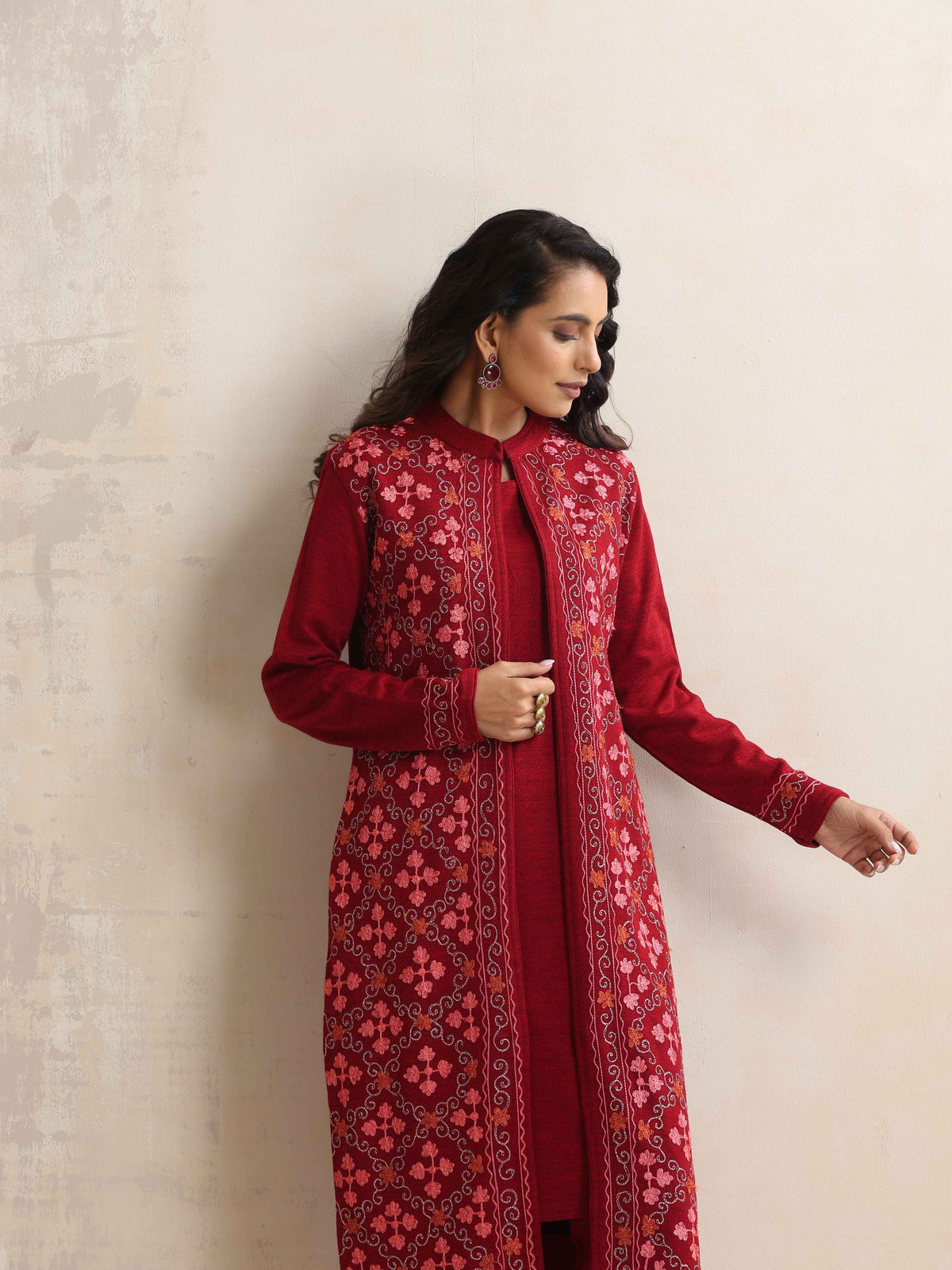 trueBrowns Maroon Kashmiri Woollen Jacket 3pc Set | Grocsy