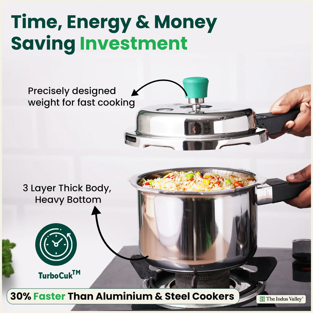 The Indus Valley RapidCuk Tri-ply Stainless Steel Pressure Cooker, Premium Quality, 3 Layer Thick Body, Heavy Bottom, 100% Safe, ISI Certified, Induction & Gas, 2/3/5L | Grocsy