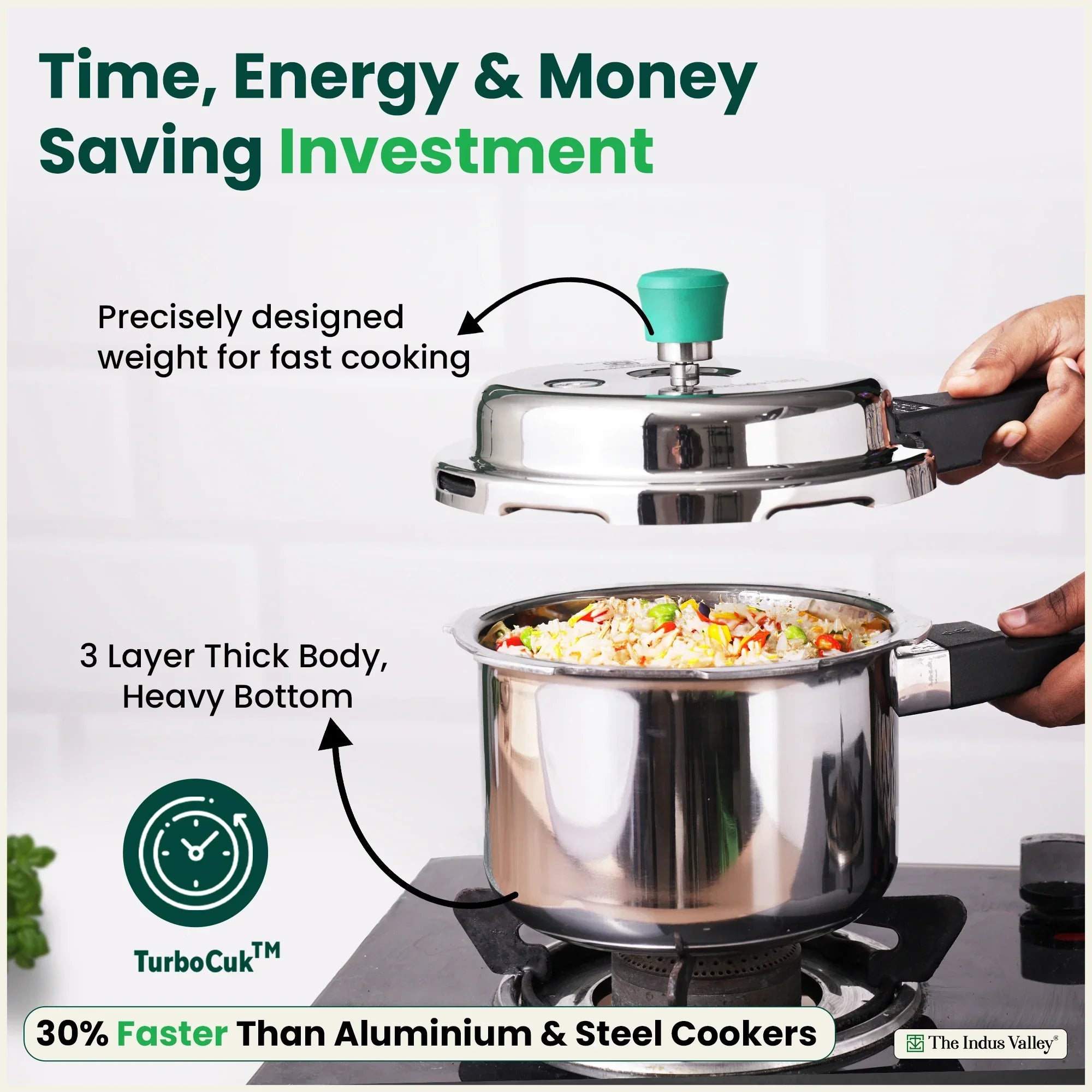 The Indus Valley RapidCuk Tri-ply Stainless Steel Pressure Cooker, Premium Quality, 3 Layer Thick Body, Heavy Bottom, 100% Safe, ISI Certified, Induction & Gas, 2/3/5L | Grocsy