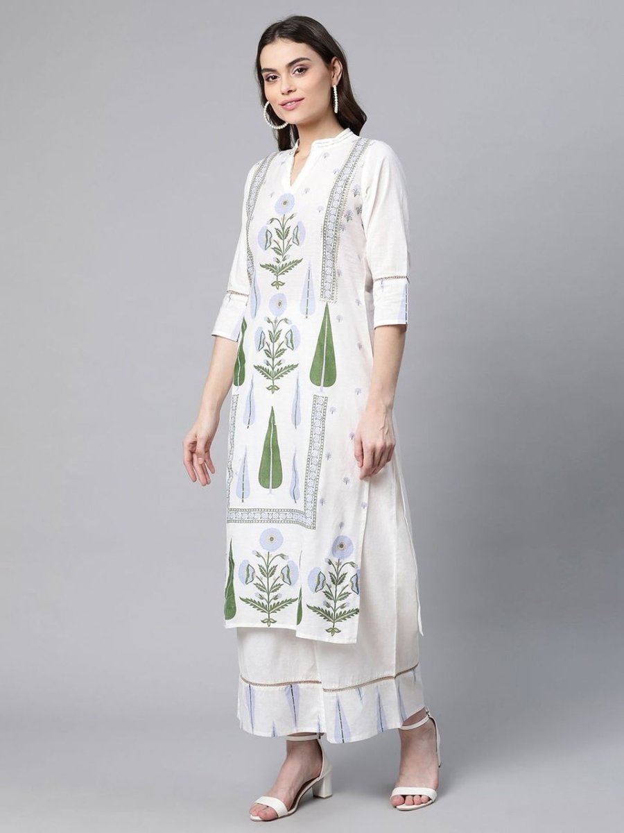 Ahalyaa Women Off White Colour Pure Cotton Printed Kurta Palazzo Set With Dupatta | Grocsy