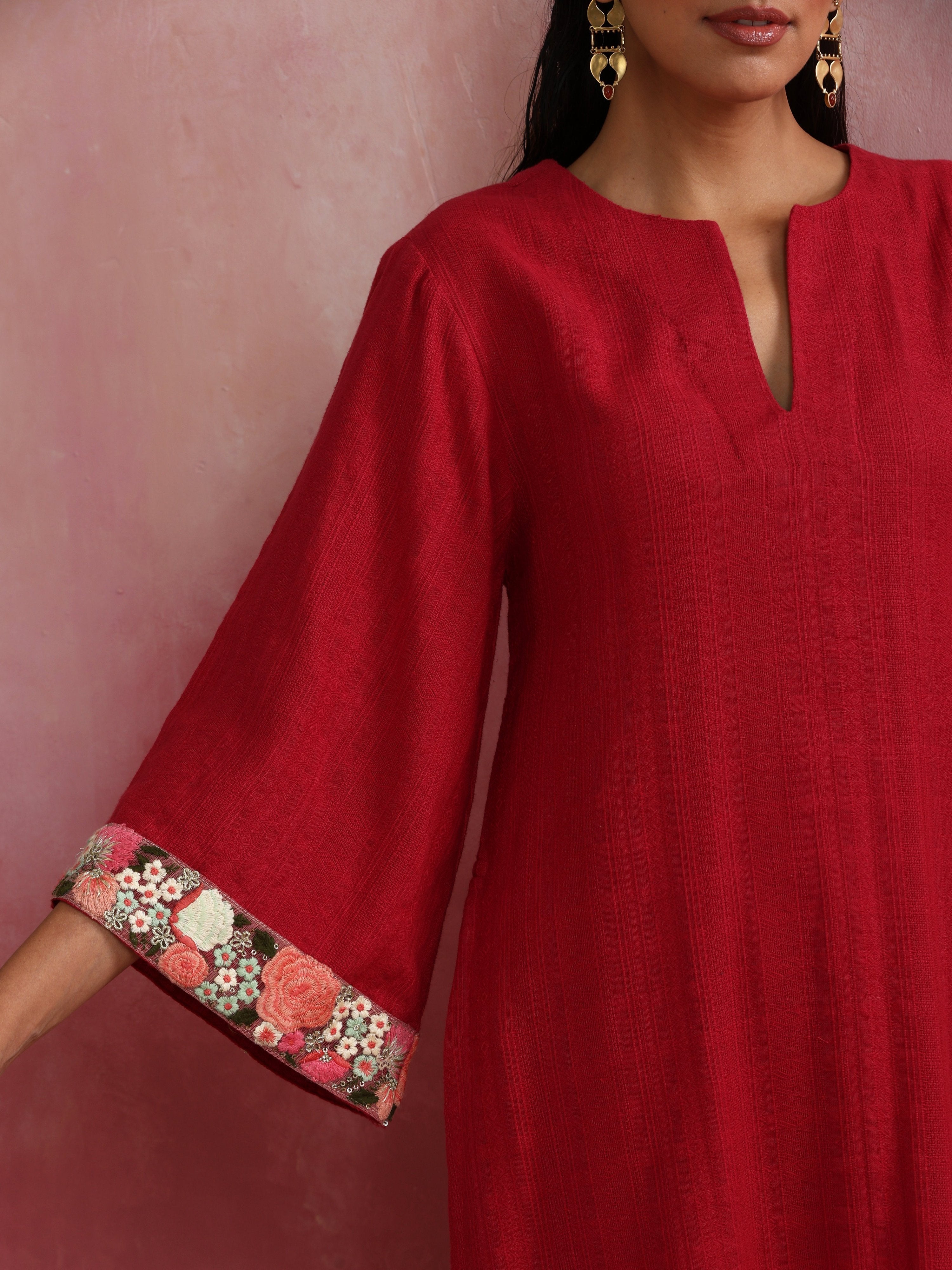 trueBrowns Red Straight Cotton Dobby Kurta Set | Grocsy