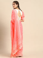 Sangria Pink Chikankari Embroidered Pure Georgette Saree | Grocsy