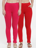TAG 7 Women Pack Of 2 Red & Pink Solid Straight-Fit Ankle-Length Leggings | Grocsy