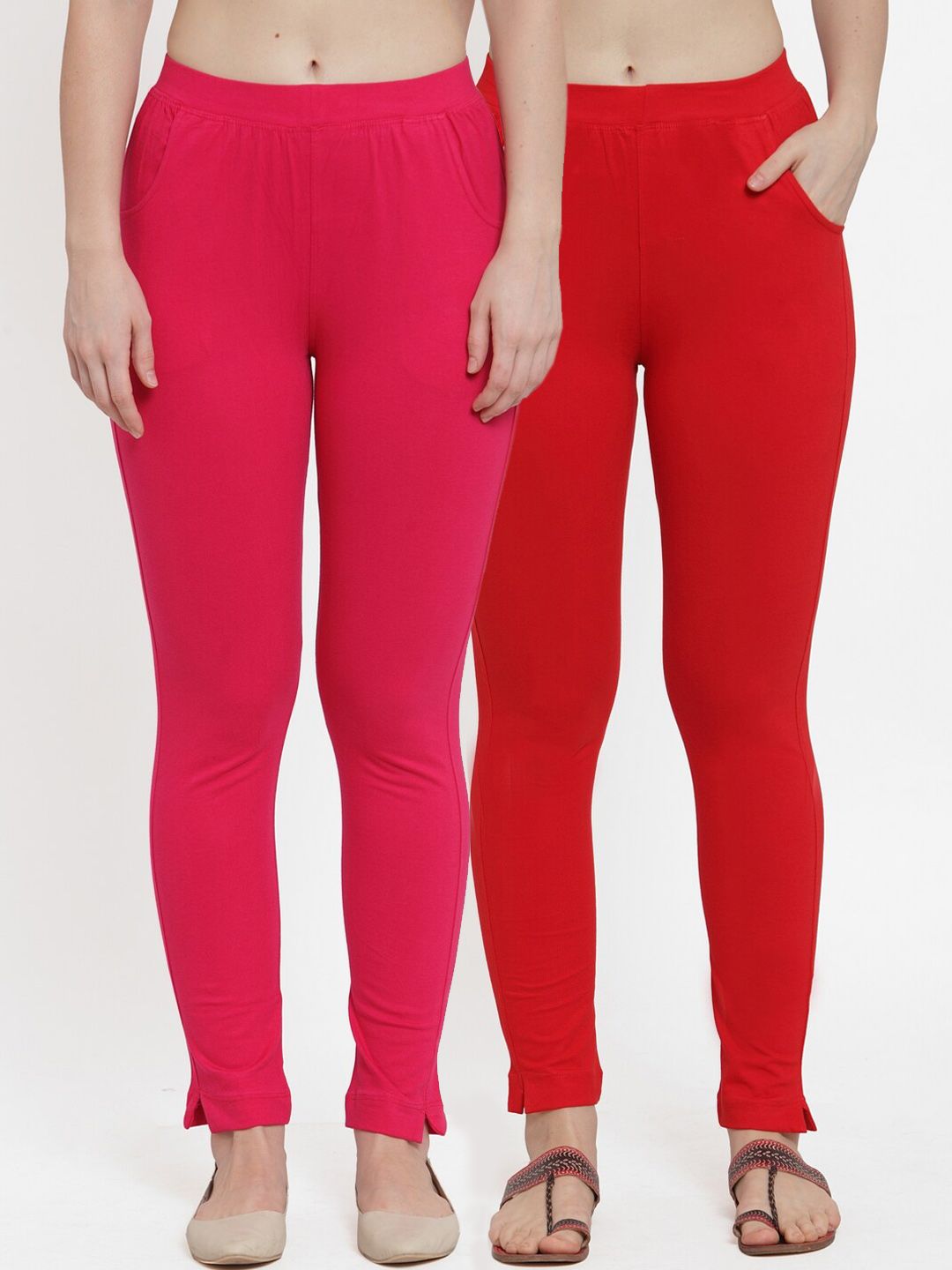 TAG 7 Women Pack Of 2 Red & Pink Solid Straight-Fit Ankle-Length Leggings | Grocsy