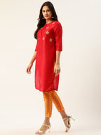 All About You Women Red & Orange Embroidered Yoke Design Kurta set with Dupatta | Grocsy