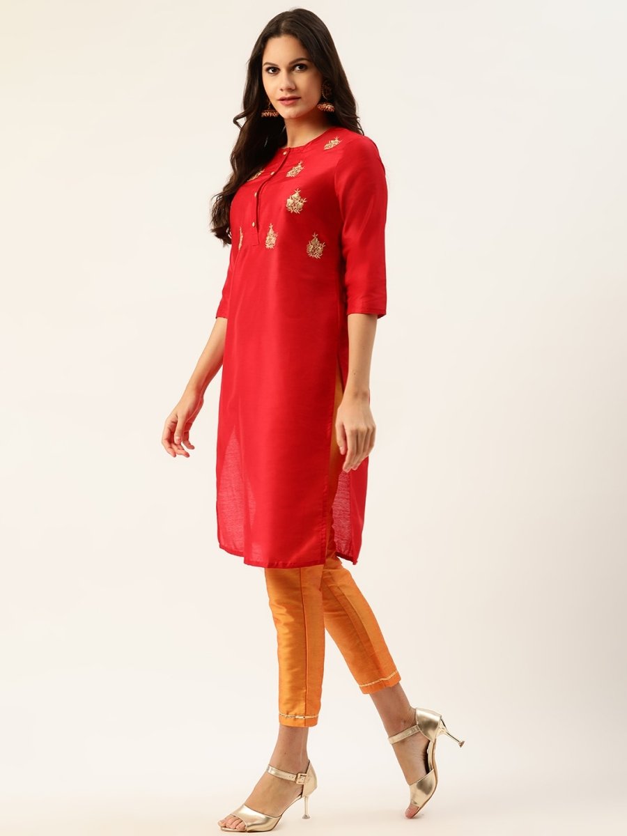 All About You Women Red & Orange Embroidered Yoke Design Kurta set with Dupatta | Grocsy