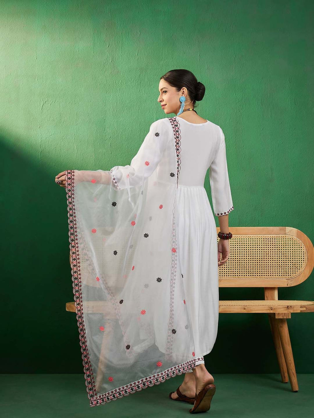 Sangria Off White Embroidered A-Line Kurta With Trouser & Dupatta | Grocsy
