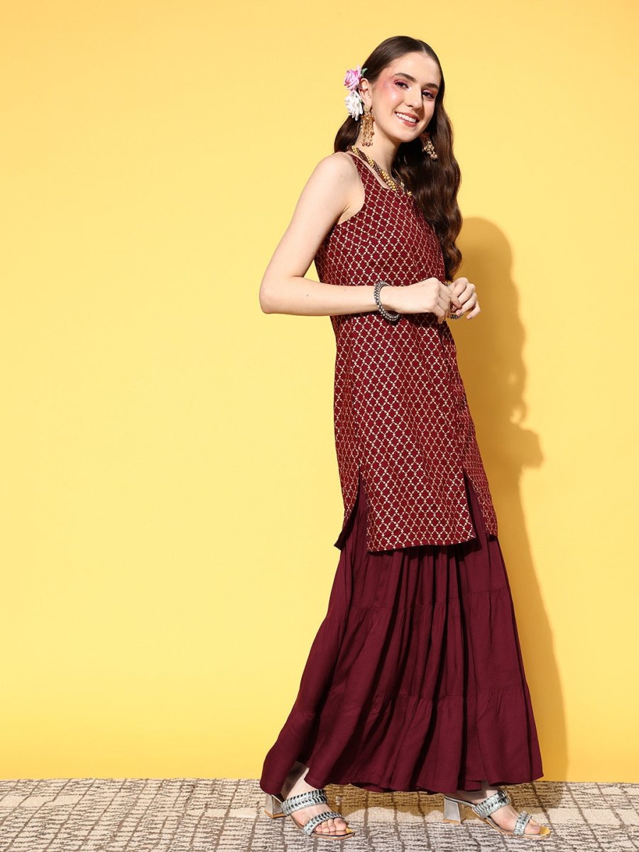 All About You Women Maroon Ethnic Motifs Printed Kurti with Fusion Bottoms & With Dupatta | Grocsy