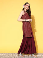 All About You Women Maroon Ethnic Motifs Printed Kurti with Fusion Bottoms & With Dupatta | Grocsy