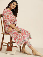 Sangria Women Off White & Peach-Coloured Floral Print Straight Cotton Kurta with Trousers | Grocsy