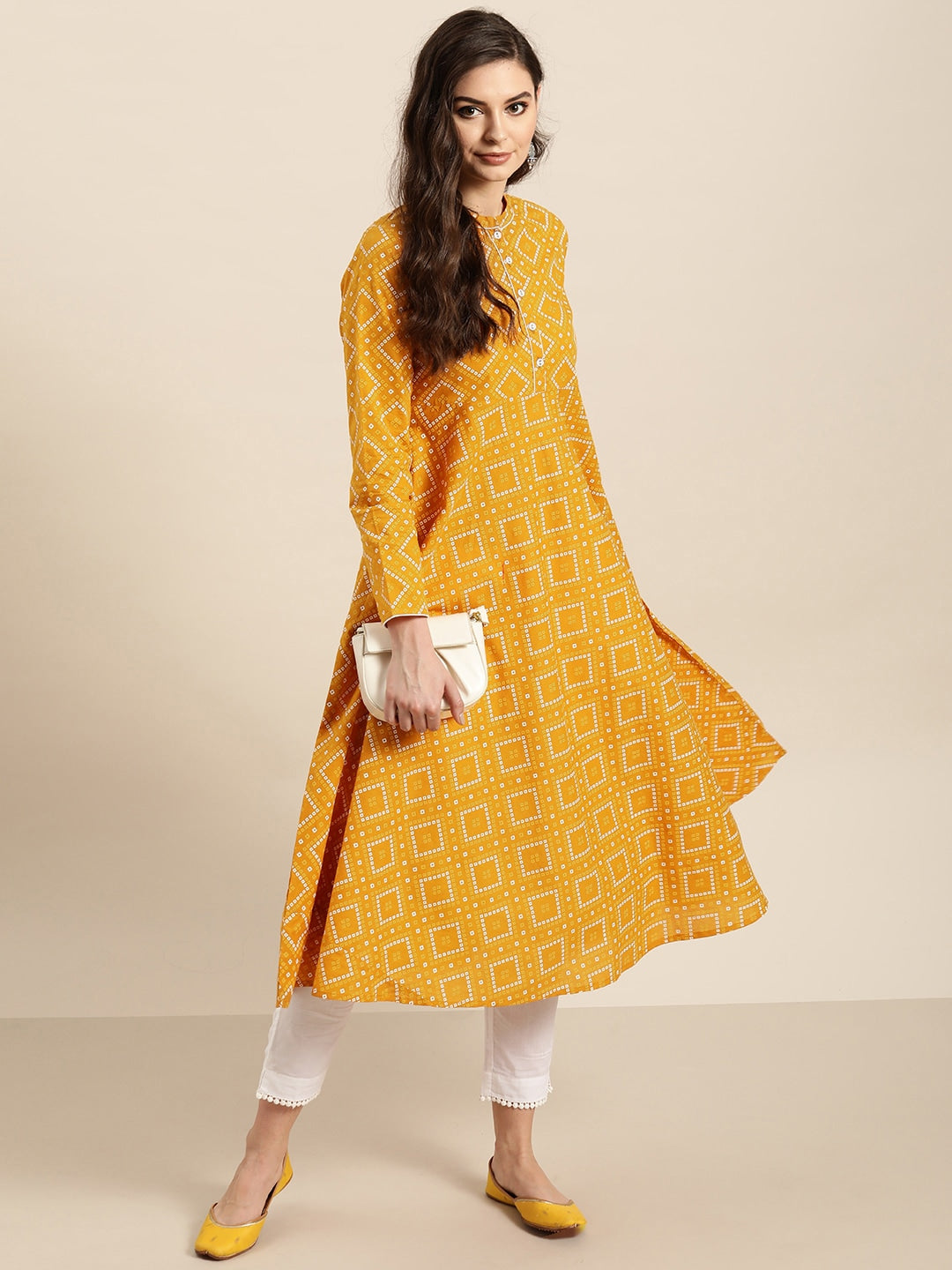 Sangria Women Mustard Yellow & Red Printed A-Line Kurta | Grocsy