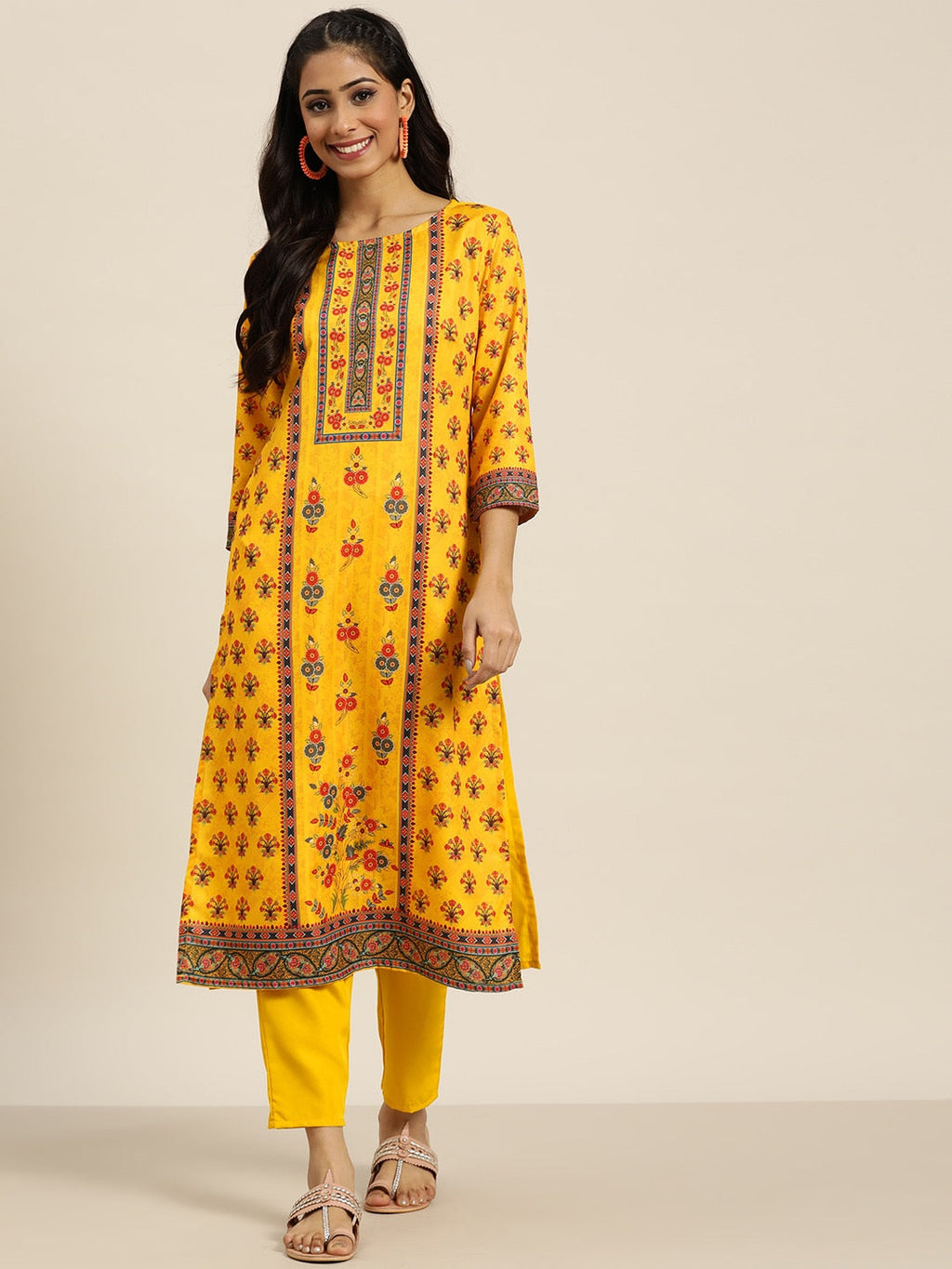 Sangria Women Yellow Ethnic Motifs Printed Kurta with Trousers | Grocsy