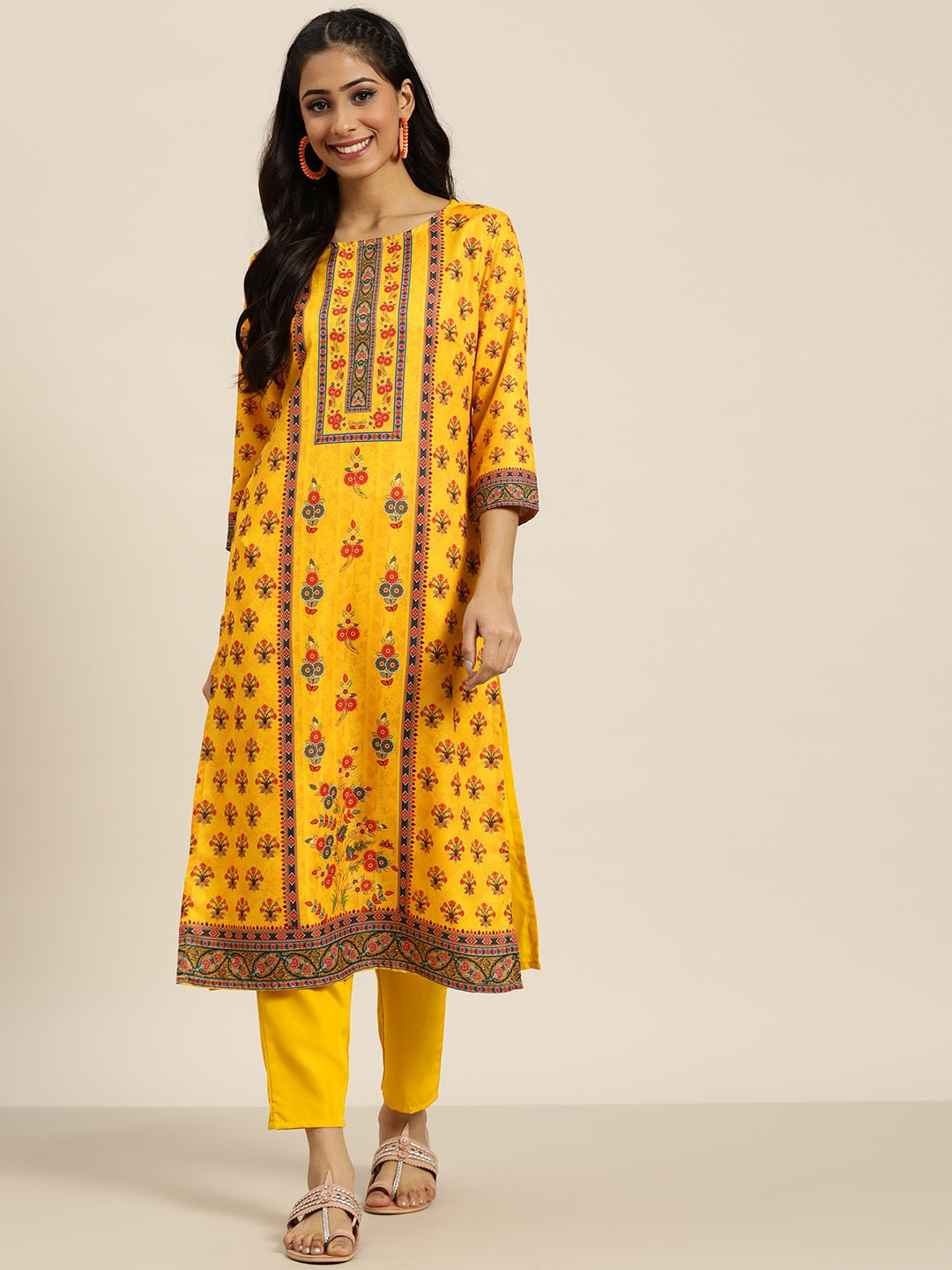 Sangria Women Yellow Ethnic Motifs Printed Kurta with Trousers | Grocsy