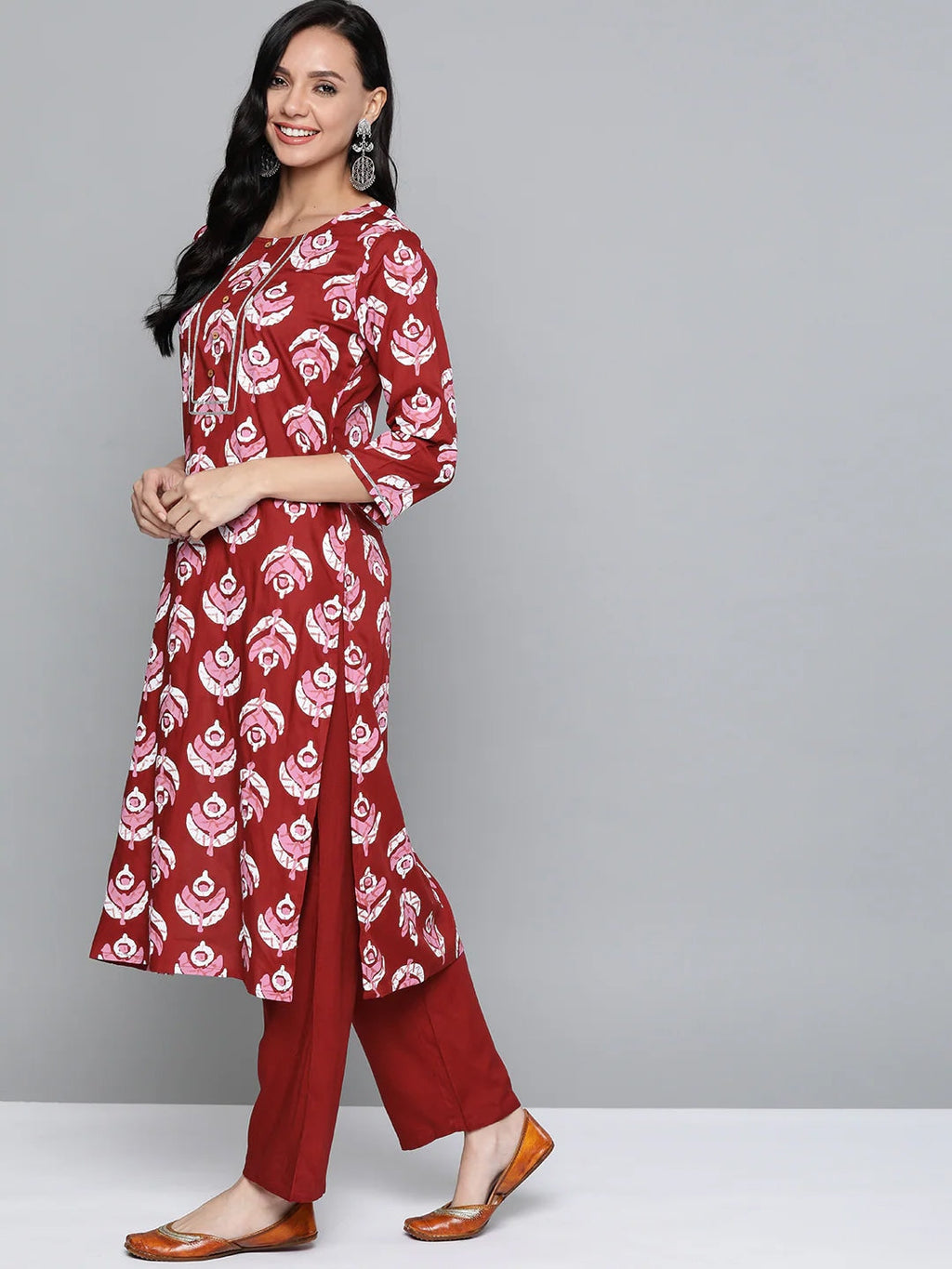 HERE&NOW Women Maroon & Pink Ethnic Motifs Printed Regular Gotta Patti Kurta with Trousers | Grocsy