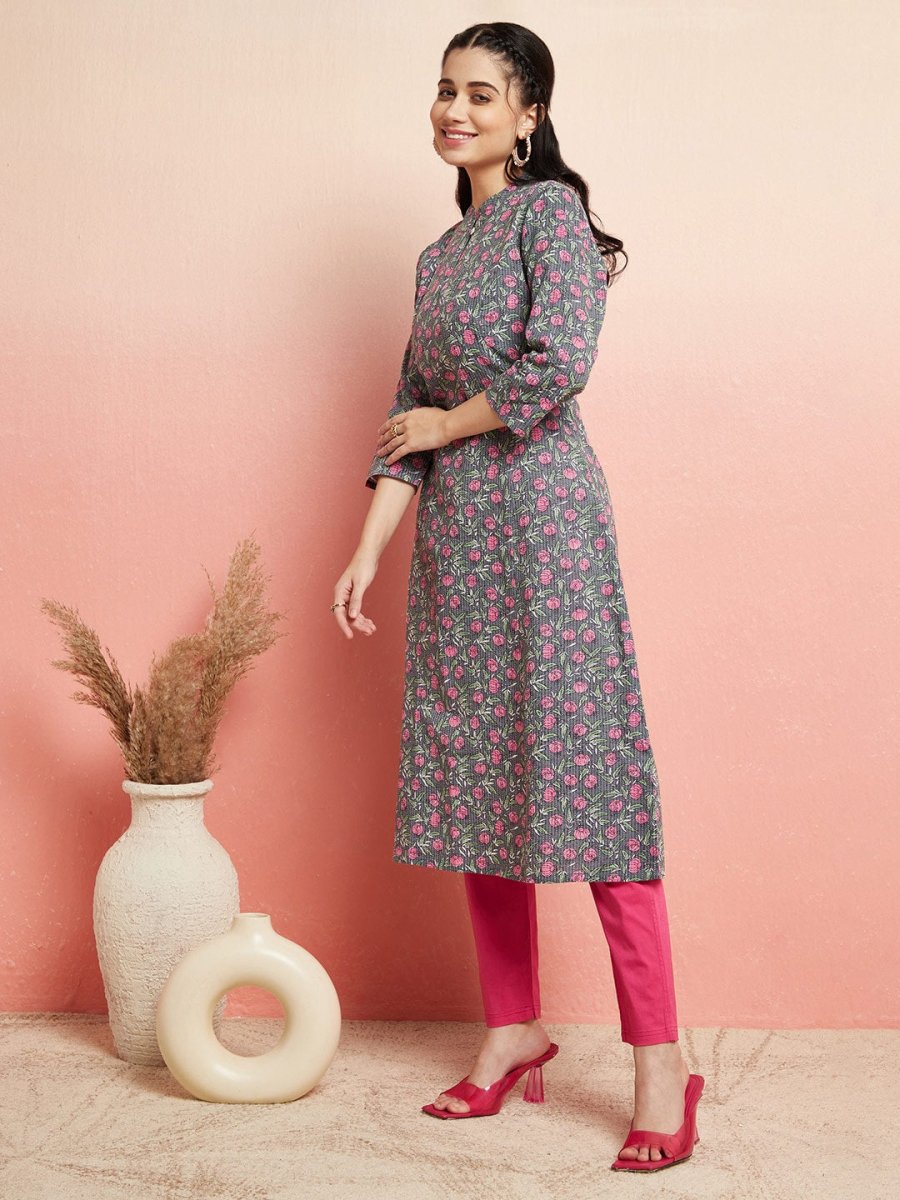Aks Floral Printed Mandarin Collar Cotton Anarkali Kurta | Grocsy