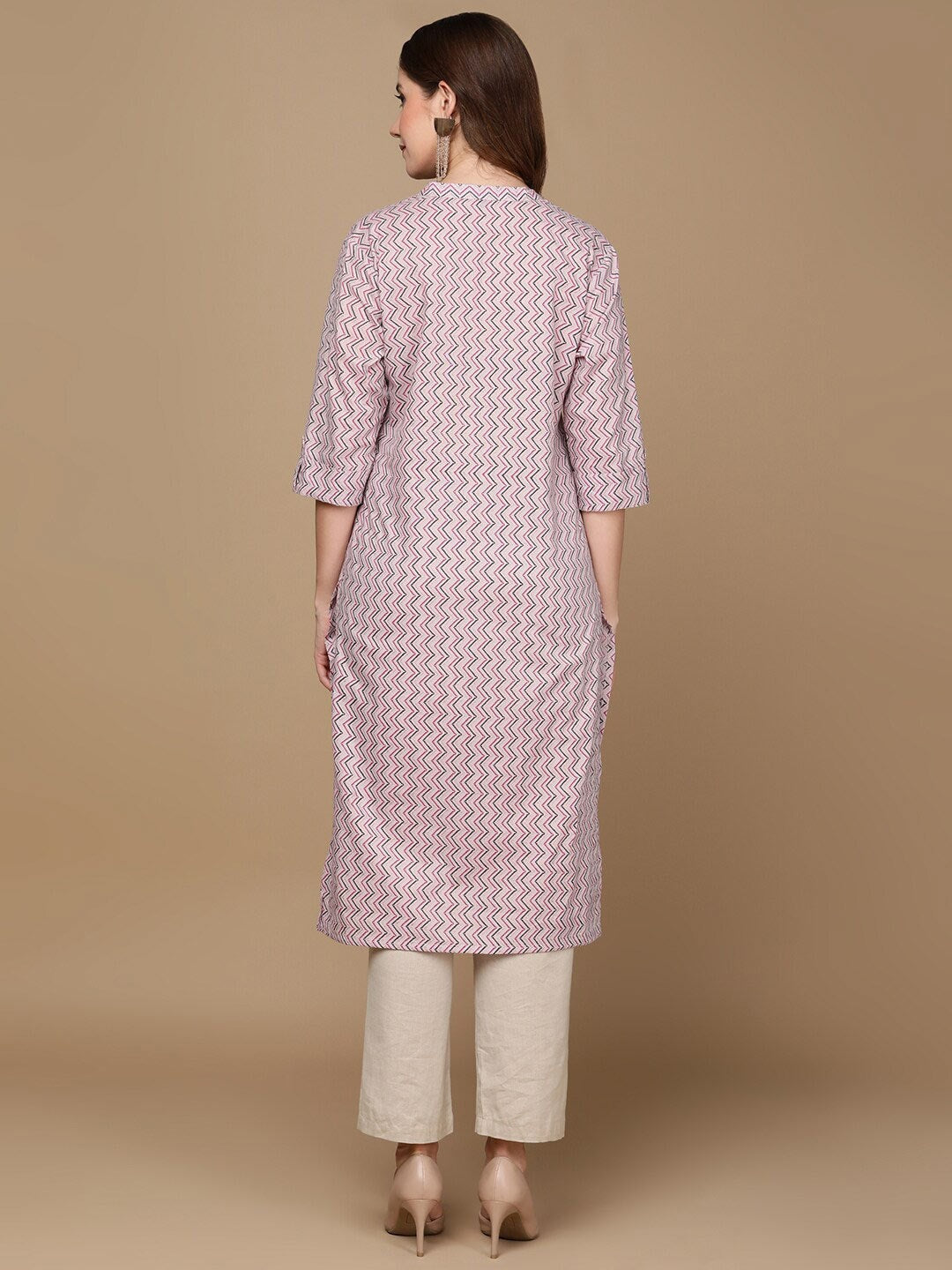 HERE&NOW Pink & Brown Chevron Printed Sequined Pure Cotton Kurta | Grocsy