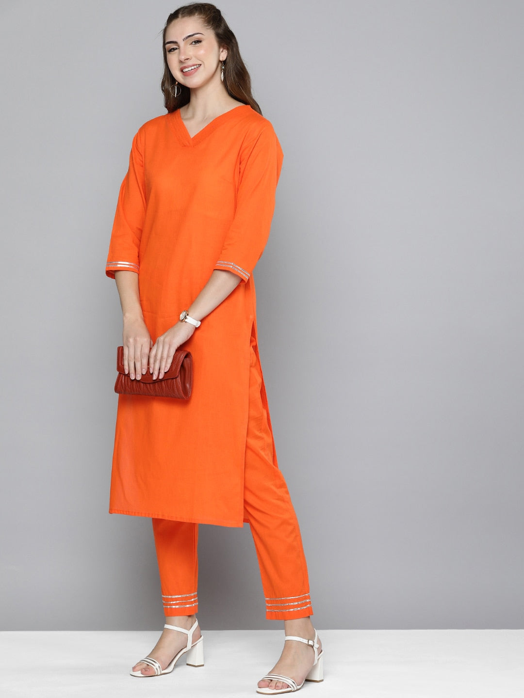 HERE&NOW Women Regular Gotta Patti Pure Cotton Kurta with Trousers | Grocsy