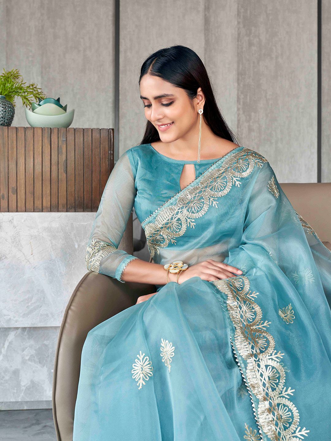 Tikhi Imli Floral Gotta Patti Organza Heavy Work Saree | Grocsy