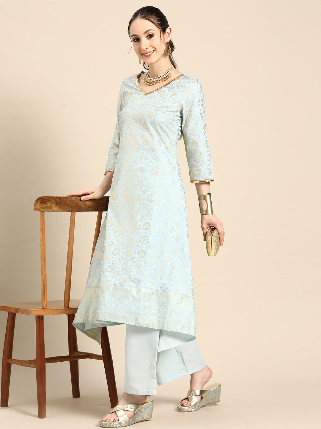 Sangria Gold-Toned Foil Printed Sequinned Detail A-Line Kurta with Palazzos | Grocsy