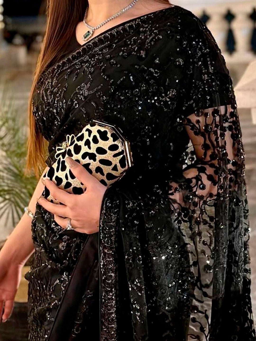 Sangria Embellished Sequinned Pure Georgette Saree | Grocsy