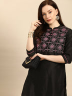 All About You Women Black Embroidered Kurta with Trousers | Grocsy