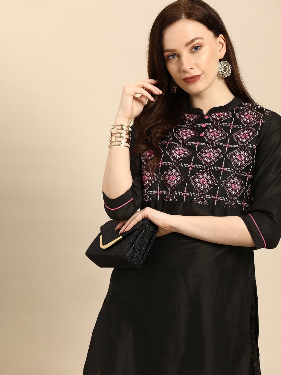 All About You Women Black Embroidered Kurta with Trousers | Grocsy