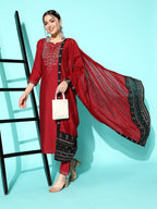 Sangria Women Maroon Ethnic Motifs Embroidered Thread Work Kurta With Trousers & Dupatta | Grocsy