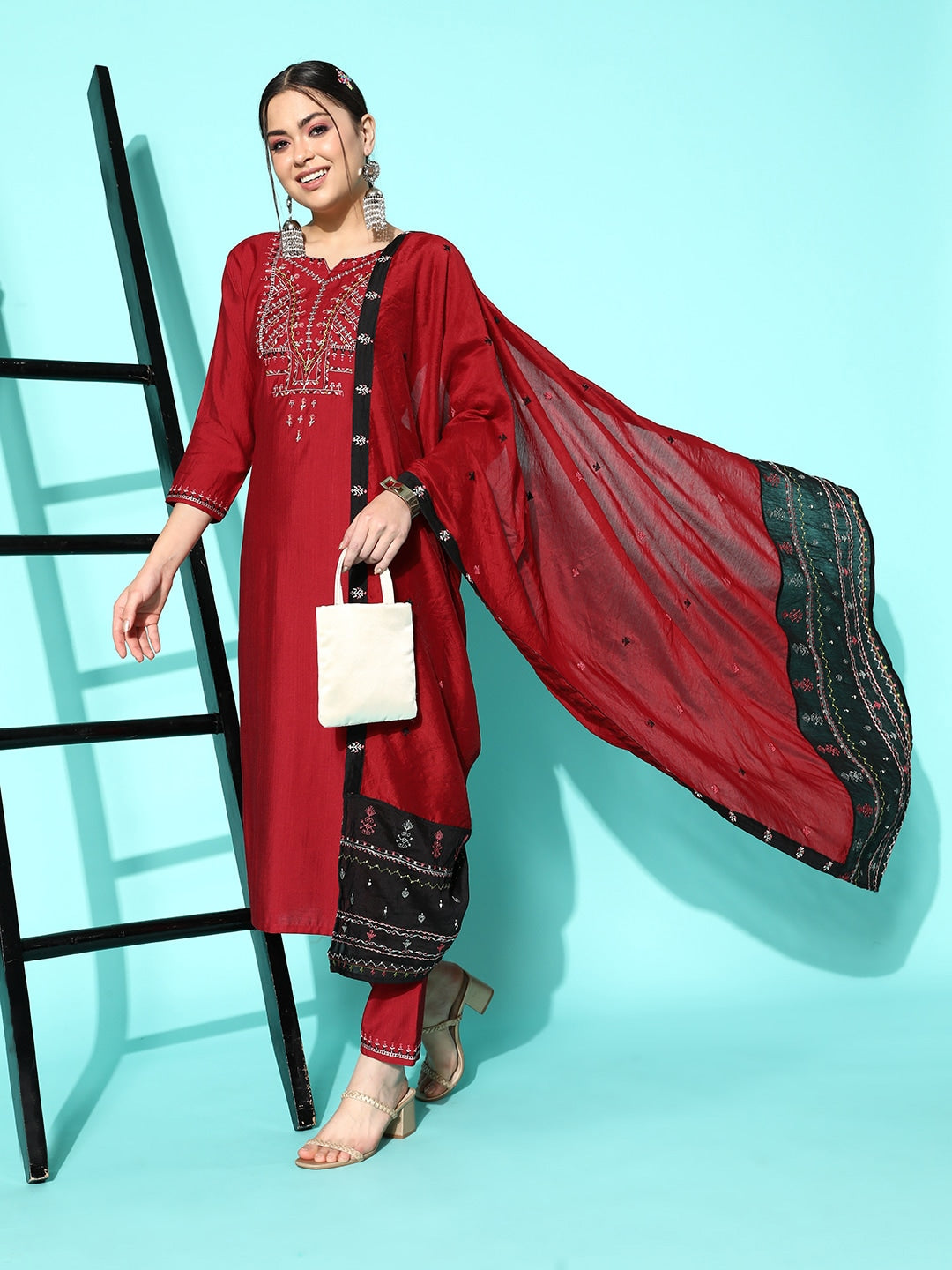 Sangria Women Maroon Ethnic Motifs Embroidered Thread Work Kurta With Trousers & Dupatta | Grocsy
