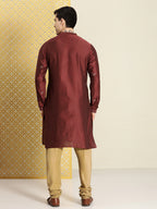 House of Pataudi Men Maroon Floral Yoke Design Jashn Kurta | Grocsy