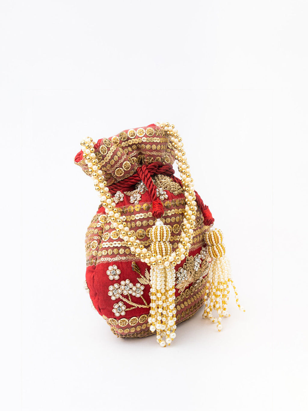 NR By Nidhi Rathi Maroon & Gold-Toned Persia Embroidered Potli Clutch | Grocsy