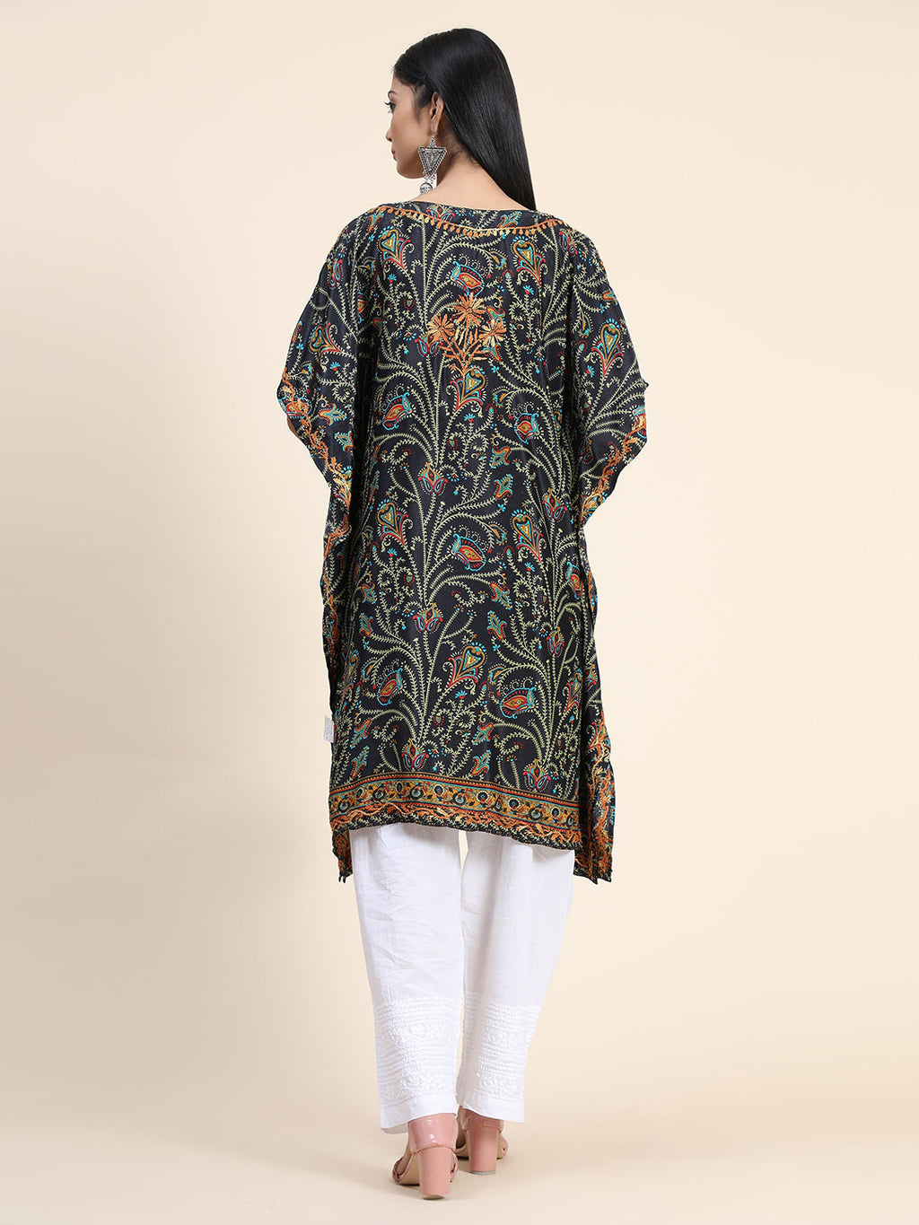 HOUSE OF KARI Ethnic Motifs Printed Chikankari Embroidery Cotton Kaftan Kurta | Grocsy