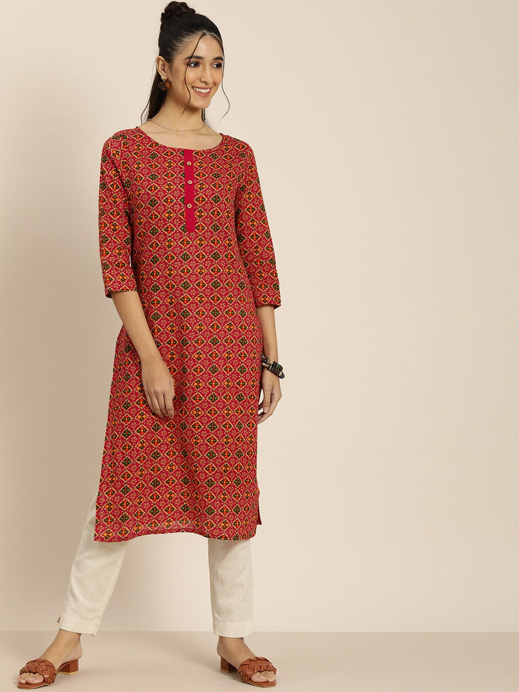 Sangria Women Pink & Green Pure Cotton Bandhani Printed Kurta | Grocsy