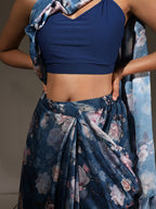 Tikhi Imli Blue Floral Printed Satin Ruffles Saree | Grocsy