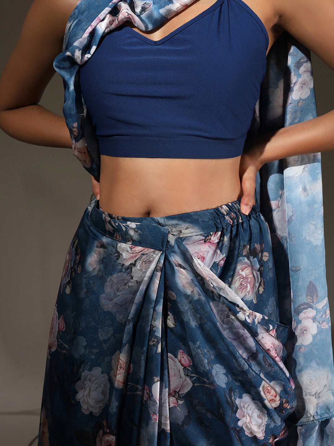 Tikhi Imli Blue Floral Printed Satin Ruffles Saree | Grocsy