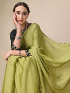 Sangria Olive Green Satin Saree With Beads Embelished Border | Grocsy