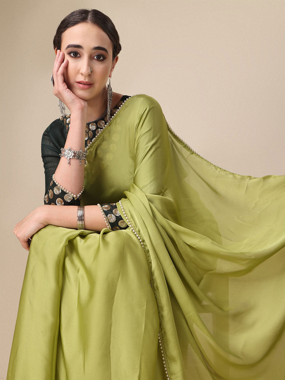 Sangria Olive Green Satin Saree With Beads Embelished Border | Grocsy